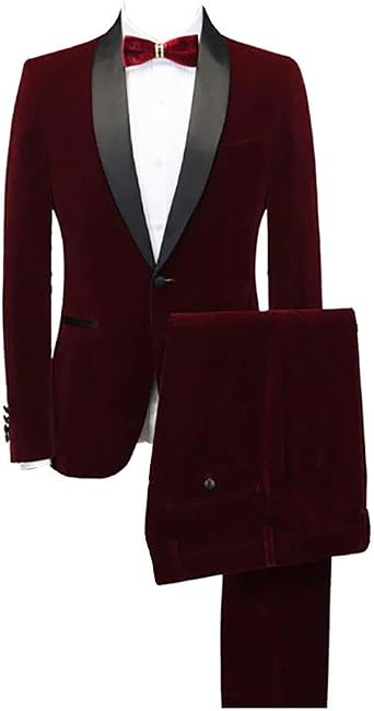 Mens Velvet Two Piece Suit One Button Shawl Lapel Classic Fit Wedding Tuxedo