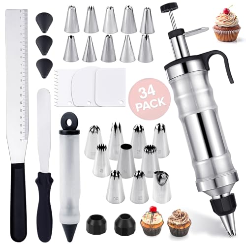 34 Teiliges Set Tortenspritze Garnierspritze aus Edelstahl, Tortenspritze Edelstahl, Kuchenspritze Wiederverwendbarer, Profi Sahnespritze für Kuchen Cupcakes Cookies Gebäck Decoration 34 Teiliges Set Tortenspritze Garnierspritze aus Edelstahl, Tortenspritze Edelstahl, Kuchenspritze Wiederverwendbarer, Profi Sahnespritze für Kuchen Cupcakes Cookies Gebäck Decoration