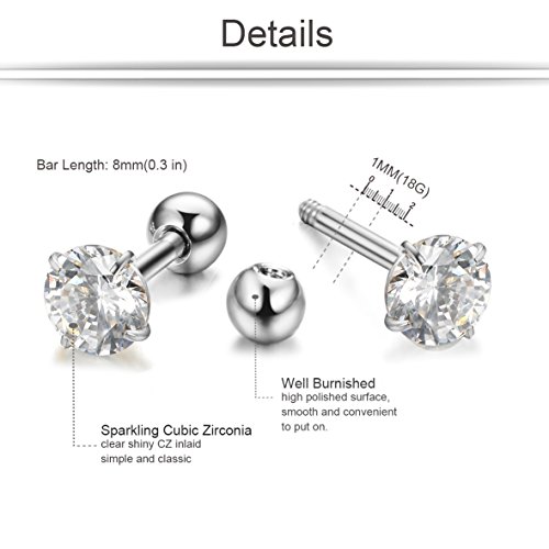 Orazio 8Pcs 18G Stainless Steel Stud Earrings Piercing Barbell Studs Cartilage Helix Ear Piercing Cz Inlaid #TOP1