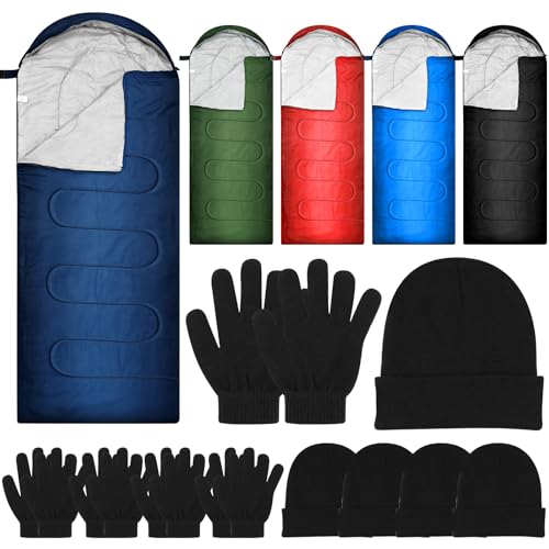 Tranqun 15Pcs Bulk Sleeping Bags Homeless for Adult with Winter Beanies Gloves, Cotton Liner Camping Sleeping Bag Waterproof Warm Lightweight for Indoor Outdoor Cold Weather(Colorful)