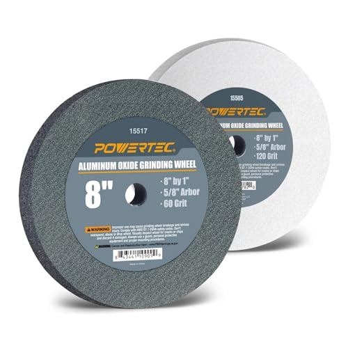 Image of POWERTEC Bench Grinder Wheel 8 Inch 60 & 120 Grit, White Aluminum Oxide Grinding Wheel for Bench and Pedestal Grinder, 1 inch Thick 5 /8 inch Arbor, Sharpening & Shaping Drill Bits, Blade, Chisel, 2PK (15549)