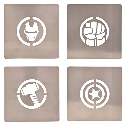 Marvel Avengers Lot de 4 dessous de verre en métal argenté avec symboles emblématiques de super-héros – Dessous de verre modernes avec motifs Iron Man, Thor, Hulk et Captain America