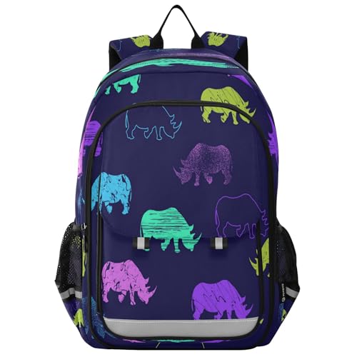 Rhinos Rhinoceros Pattern Backpack, School Backpack Lightweight Laptop Backpack Student Book Bags with Reflective Stripes