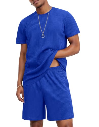 Ekouaer Mens Lounge Set Ribbed Knit Pajamas Set 2 Piece Short Set Outfits Sweatsuit Summer Soft Sleepwear Loungewear