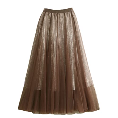Jupe trapèze en tulle marron à volants légers et ceinture élastique souple