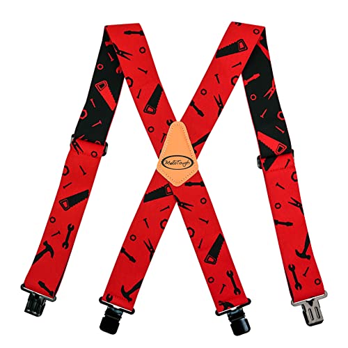 Image of MELOTOUGH Men's Suspenders Fully Elastic 2 inch Wide X back Heavy Duty Work Suspenders for Jeans (Red Hand Tools & Yellow Rule)