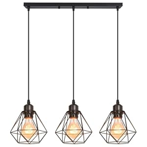 TOKIUS 3-flammig Pendelleuchte Vintage Industrial Hängelampe mit Geometrischem Design E27 Lampe aus Eisen Käfig Lampenschirm Schwarz Hängeleuchte für Esstisch Küche (Pendellampe, Balken)