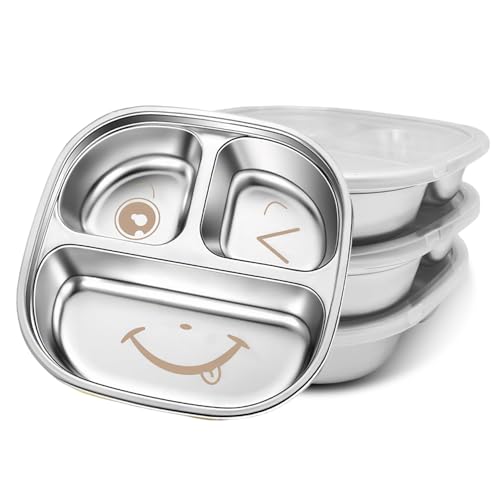 Image of TAOceeXI Stainless Steel Kids Plate with Lid | 3-Pack Durable Toddler Dish | BPA-Free, Non-Toxic & Dishwasher-Safe | Splash-Proof Design for Home, Travel & Daycare