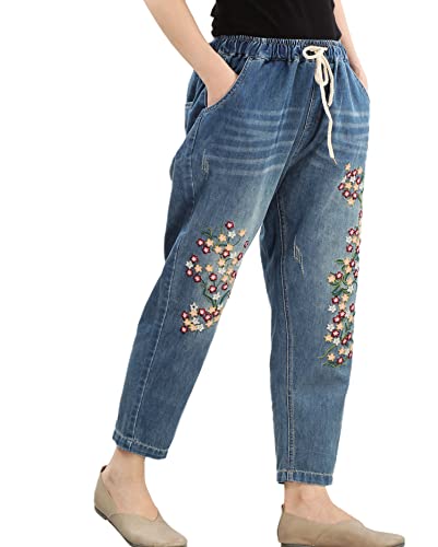 Ftcayanz Women's Elastic Waist Cropped Jeans Baggy Drawstring Stretch Denim Pants With Pockets Style 3 Xl #TOP1