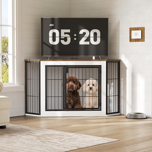 HOOBRO Corner Dog Crate Furniture, Decorative Dog Kennel End Table, Farmhouse Dog Crate TV Stand for Small and Medium Dogs, Walnut, White and Black BWH90GW03 - Image 6