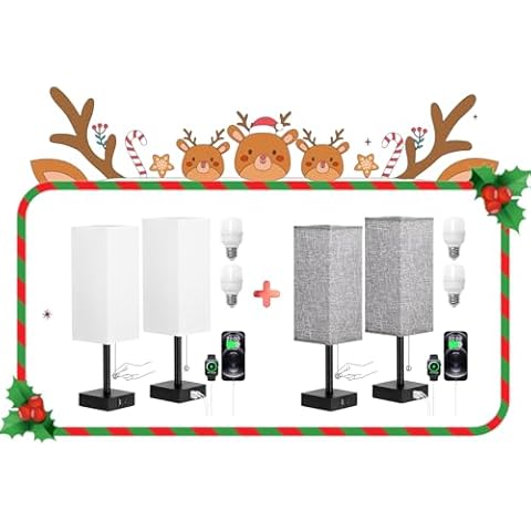 Bedside Table Lamps Set of 2 - White + Gray Bedroom Lamps with 3 Color Temperatures (3000K/5000K/4000K), Two Square Nightstand Lamps with USB C + A Charging Ports, Pull Chain Small Night Light Cover
