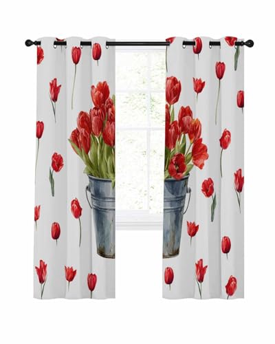 Pinroote Red Tulip Flowers Blackout Curtain 54 Inch Length