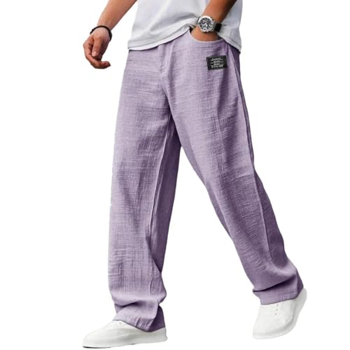 Mokaloha Mens Pants, New Men Casual Hemp Fabric Embroidered Logo Drawstring Loose Elastic Waist Trousers for Vacation Fashion