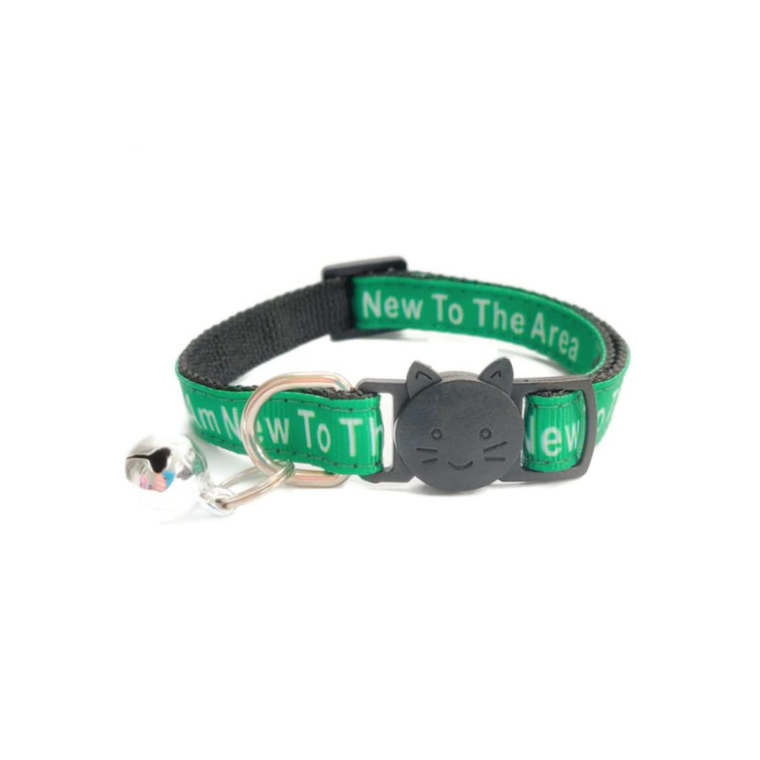 Worded Cat Collars with Bell – Please Do Not Feed Me, I Am Microchipped | Safe Quick Release Breakaway Buckle | Zacal Cat Collars (4. Green, I Am New To The Area, Pack of 1) — image 1