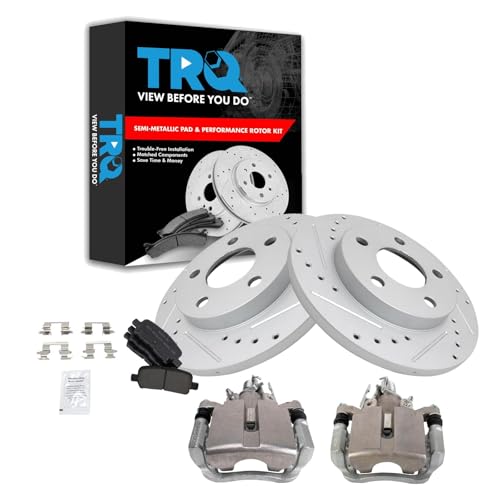 Image of TRQ Performance Rear Brake Pad and Rotor Set Semi Metallic Solid G Coated Rotors Calipers Compatible with 2004 Pontiac Grand Prix