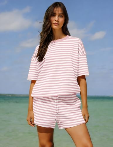 Image of Ythomm Striped Pajamas Shorts Sets Women 2 Piece Lounge Outfits Short Sleeve Tees Drawstring Shorts Summer Matching Pj Sets