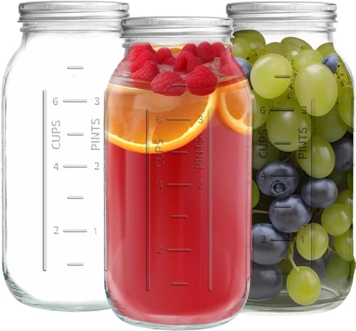 LATERN 3Pcs 64oz Wide Mouth Mason Jars, 1.9L Printed Glass Jars Leakproof Mason Glass Jar with Airtight Lid and Band for Preserving Jam Honey Jelly Sauces Meal Prep Overnight Oats Salad Yogurt