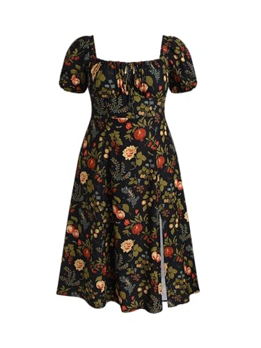 CIDER Plus Size Midi Dress Summer Fruit Patterned Square Neck Puff Sleeve Boho Vacation Casual Midi Dress for Curvy Women