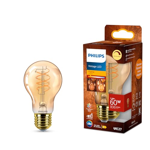 Philips Ámbar vintage A60 (1un) - Bombilla LED, regulable, sin parpadeo, EyeComfort, 806 lúmenes, llama (2200 K), 7,3 W=60 W, casquillo E27