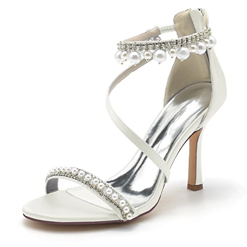Women's Bridal Shoes Open Toe High Heel Ankle Strap Dress Shoes Casual Formal Wedding Party Pumps Sandals with Pearl Ivory US7