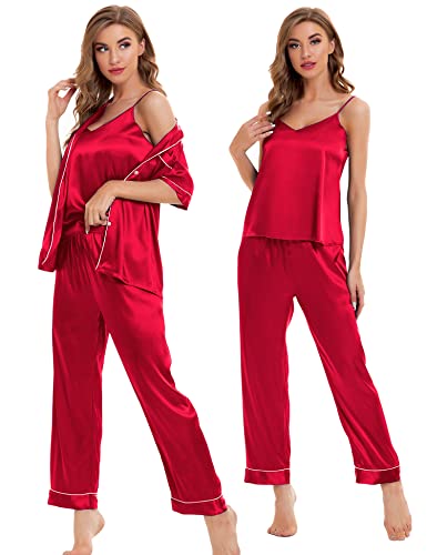 Image of SWOMOG Womens Silk Satin Pajamas Sets 4pcs Sleepwear Sexy Cami Shorts Set and Button Down Short Sleeve Pjs Loungewear