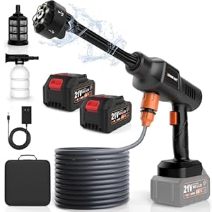 Absead Akku Hochdruckreiniger 21V 2000PSI 4.5L/min 6-in-1 Sprühdüse mit 2x4000mAh Batterien Tragbarer Druckreiniger mit Schaumdüse Filter und Aufbewahrungstasche für Auto Garten Fenster