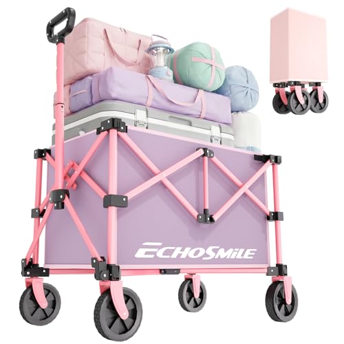 EchoSmile Lightweight Collapsible Wagon Cart Compact Foldable Wagon for Grocery Camping & Sports Easy Fold Utility Wagon Pink&Purple