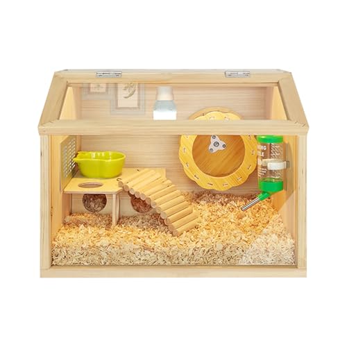 ハムスターケージ 木製 小動物ペット用のパノラマ透明ハリネズミ ケージ、(40x30x30CM)、前面透明パネルが全開で掃除しやすい 、通気口付き,おしゃれなペット用品、脱走防止、観察しやすい-洞楽園
