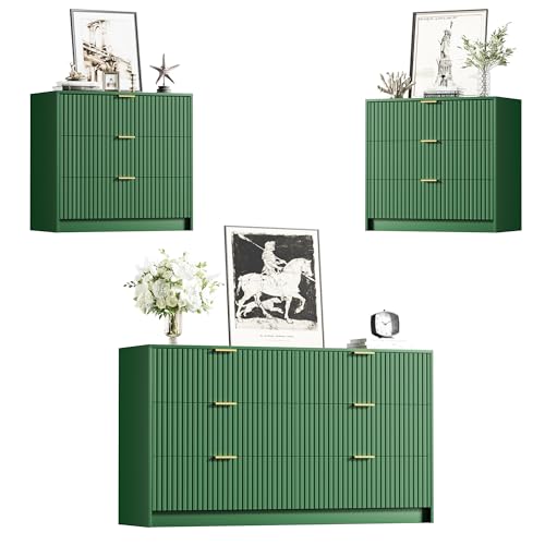 Image of Furniway Green Dresser Bedroom Set 3 Pieces, Nightstands Sets of 2, 6 Drawer Dresser with Gold Handles for Bedroom