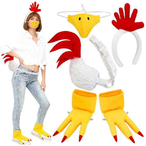 XEPST Adult Hahn Huhn Kostüm Set Hühnerstirnband und Schwanz Set mit flauschigem Hahn Stirnband Schnabel Pelzschwanz für Tierkostüm Cosplay Ostern Halloween Canival Kostümparty