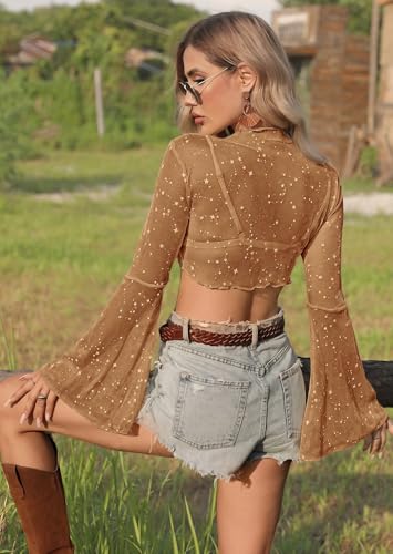 Image of Women Tie Front Bell Sleeve Rave Crop Tops Floral Print Hippie Mesh Sheer Shirt