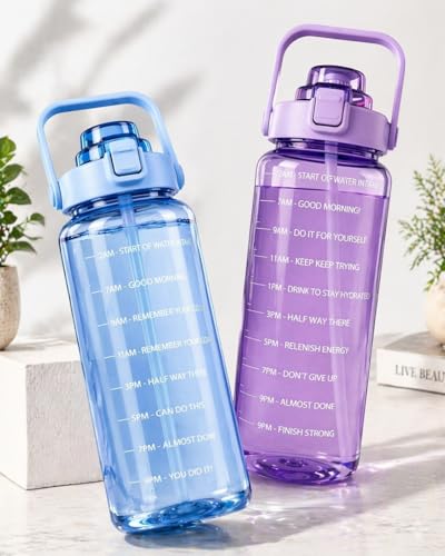 Image of Motivational Water Bottle 2 Litre with Time Marker | Leak Proof BPA Free Gym Bottle | Sports Drinking Bottle with Straw & Handle for Office, Gym, School (BLUE & PURPLE)