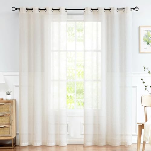 Image of FMFUNCTEX Linen Sheer Curtains for Bedroom, Beige Curtains 96 Inches Long Semi Sheer Draperies for Living Room, Natural Cream White Light Filtering Farmhouse Curtain, Grommet Top 2 Panels