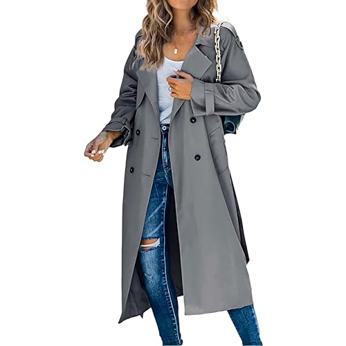Gabardina para mujer, resistente al viento, solapa con muescas, doble botonadura, abrigo largo casual para otoño e invierno, gris oscuro, M