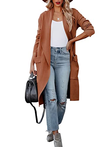 Image of kinstell Women's Casual Long Sleeve Open Front Knit Draped Long Cardigan Jackets Sweater Coat with Pockets