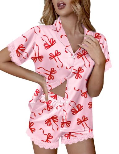 Image of Ekouaer Womens Lace Satin Pajama Set Button Down Pj Shorts Set Bridesmaids Getting Ready Outfits Casual Sleepwear XS-XXL