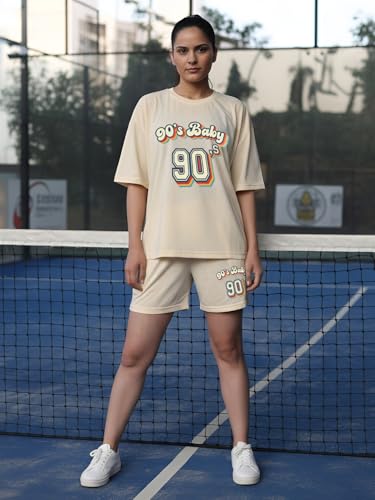 Image of CHKOKKO Cord Set for Women Cotton Blend Co-ord Set Stylish Graphic Printed Oversized T-Shirt Top Half Sleeves and Shorts Set Summer Coord Sets Casual Lounge Wear