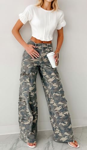 loveimgs Women Casual Camo Print Denim Pants Y2k Wide Leg Cargo Jeans Flare Distressed Camouflage Jeans Sweatpants Pockets2