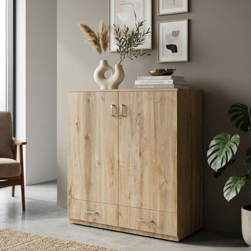Image of FFO Wooden Storage Cabinet with 2 Doors & 2 Drawers | Multi-Purpose Wardrobe Organizer with Shelves | Engineered Wood Cupboard for Living Room, Bedroom & Office | Modern Sideboard Storage Unit DIY.