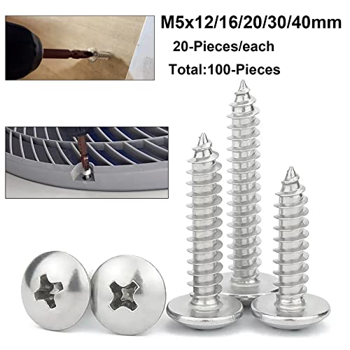 FandWay 100Pcs Self Tapping Screws 304 Stainless Steel,M5 Wood Screws Kit,Truss Head Self Drilling Screw,Round Head Sheet Metal Screw Phillips Drive for DIY WoodWork Repairs - Image 2