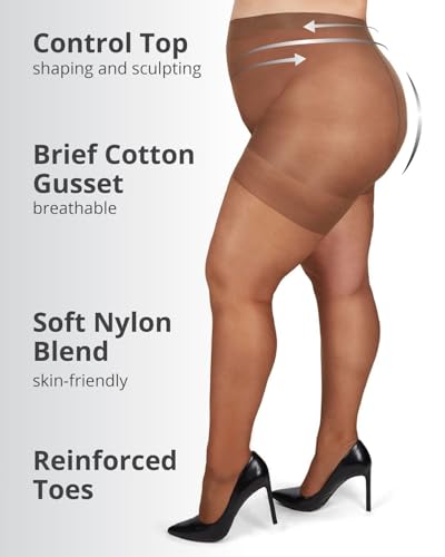 Image of MeMoi Plus Size Curvy Control Top Pantyhose for Women, Comfortable Silky Sheer Pantyhose, Lightweight Womens Stockings