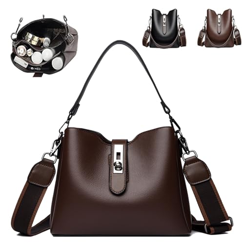 2025 Bolso tipo cubo con tres correas para mujer, bolso bandolera versátil de moda, con correas de hombro anchas ajustables(Coffee)