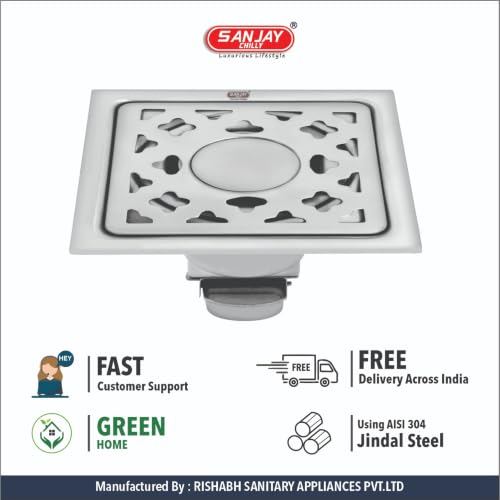 Image of SS Floor Drain with Cockroach Trap for Bathroom Gratings Square Waste Water Drainer in Luxurious Washroom with Hole & Without Hole (Square 4 x 4 Inch FCT Silver)