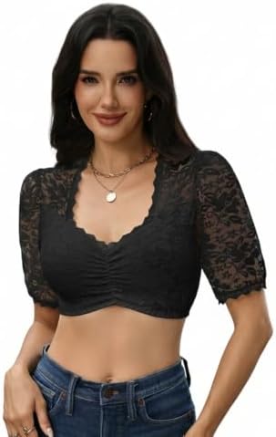Hotouch Dirndl Bluse Damen Spitze Puffärmel Trachtenbluse Dirndlblusen | V Ausschnitt Kurzarm Oktoberfest Blusen | Elegant Spitzenbluse | Weiß Schwarz | 36-46