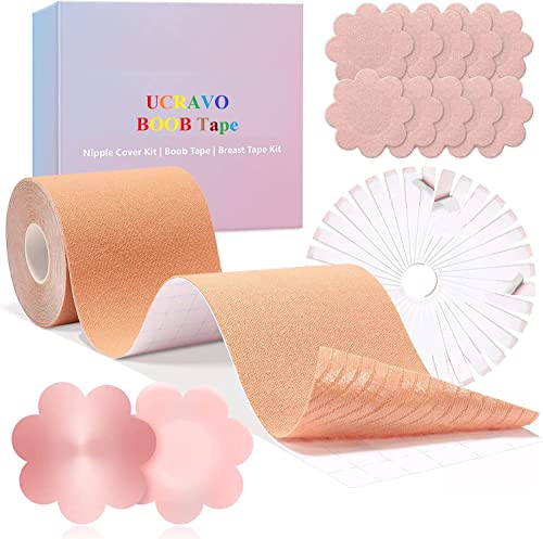 Image of UCRAVO Boob Tape kit - Instant Boob Lift Tape with 10 Reusable Nipple Pasties, 36 Double Sided Fashion Strips for Cloth, Adhesive Bra Push Up Boob Tape for Large Breasts for Women Clothing and Body