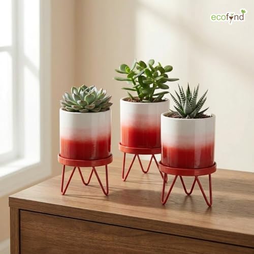 Image of ecofynd Lucas Metal Plant Pot with Red Stand, Modern Style Planter Set, Indoor Outdoor Home Decor Item for Garden Plants Flower, Balcony, Patio, Living Room, Garden, Bedroom (PWS032-WHTRED)