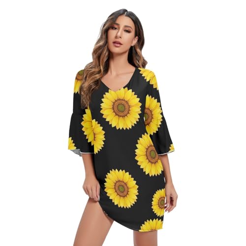 Robe en mousseline de soie noire imprimée tournesols jaune anti-transpiration