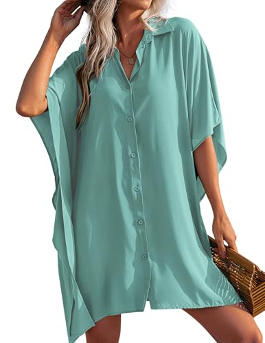 AI'MAGE Damen Strandkleid Bikini Cover Up Dolman Ärmel Strandponcho Sommer V-Ausschnitt Bademode Strand Vertuschen Shirt Grün S