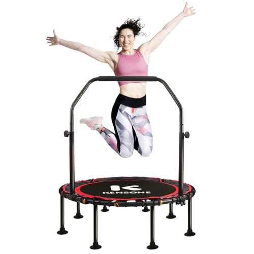 K KENSONE 48 Foldable Rebounder Trampoline for Adults with Bungee 550 LBS Quiet Indoor Mini Trampoline for Adults Fitness with Adjustable U-Shaped Handle Bar for Gym Workout Home Exercise Red