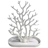 NewFerU Coral Tree Jewelry Hanging Stand Display Table Top Necklace Bracelet Holder Earring Hanger Organizer Rack Tower with a Ring Watch Dish Tray for Women Girls (White)